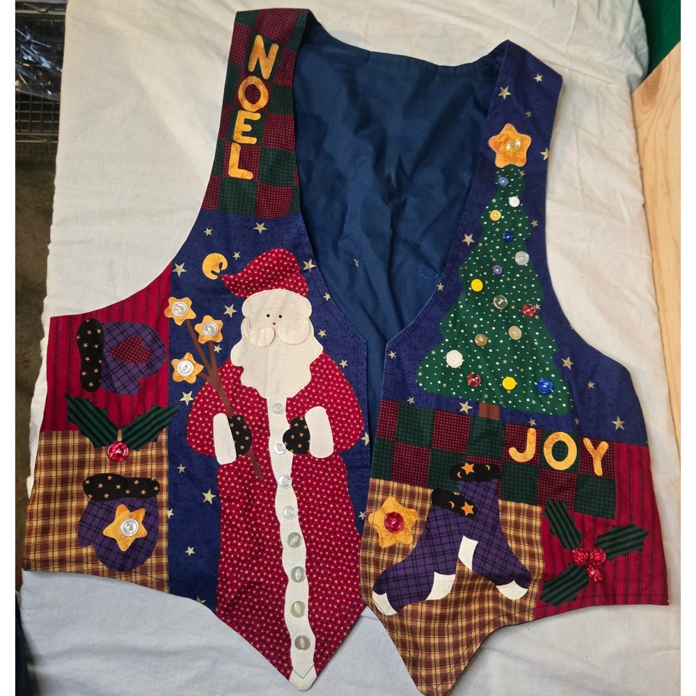 Handmade Ugly Christmas Vest Womens XL Retro 90s Santa Snowman Patchwork Blue